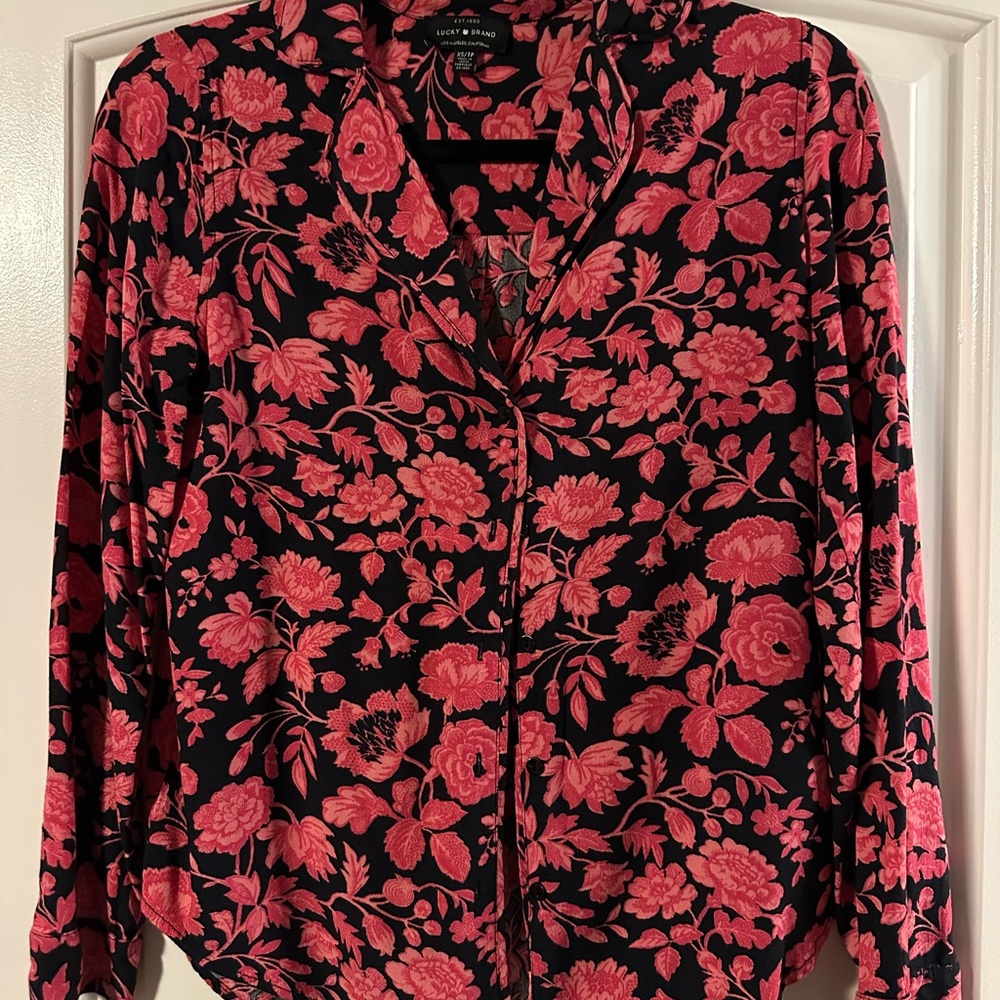 Lucky Brand Black and Pink Floral Long Sleeve Blouse